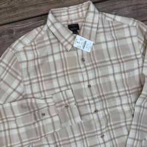 J.Crew Mens Double Weave Plaid Button Up Shirt Size Medium Tan Cream Plaid NWT